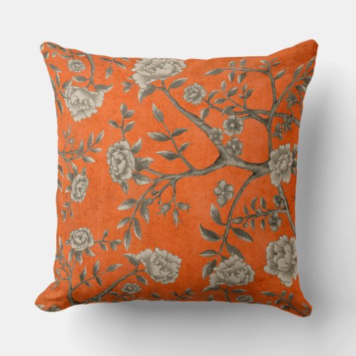 Vintage Orange Chinoiserie Bird  Peonies in Sepia Throw Pillow