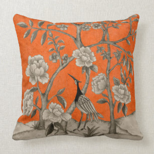 Vintage Orange Chinoiserie Bird & Peonies in Sepia Throw Pillow