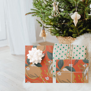 Vintage Orange Christmas Colorful Pattern Wrapping Paper Sheets