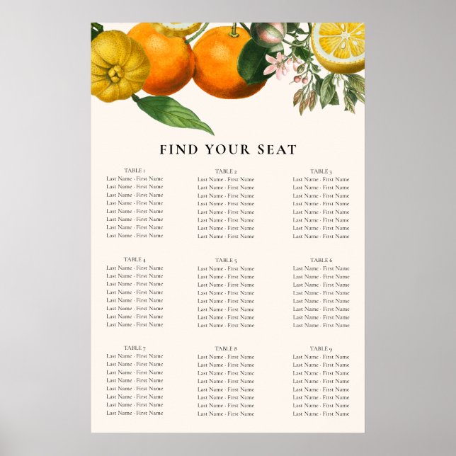 Vintage Orange Citrus Botanical Wedding Seating Poster (Front)