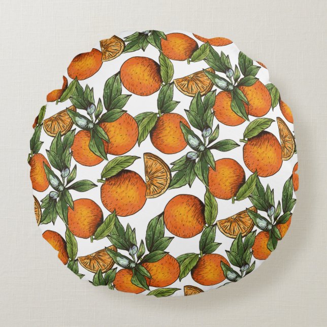 Vintage Orange Citrus Fruit Pattern Round Pillow (Front)