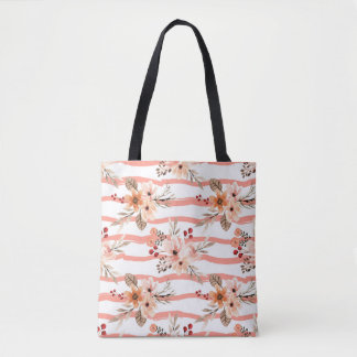 Vintage Orange Floral Stripes Pattern Tote Bag