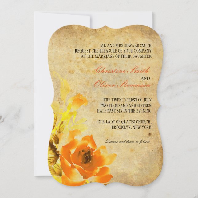 Vintage Orange Floral Wedding Invitation (Front)