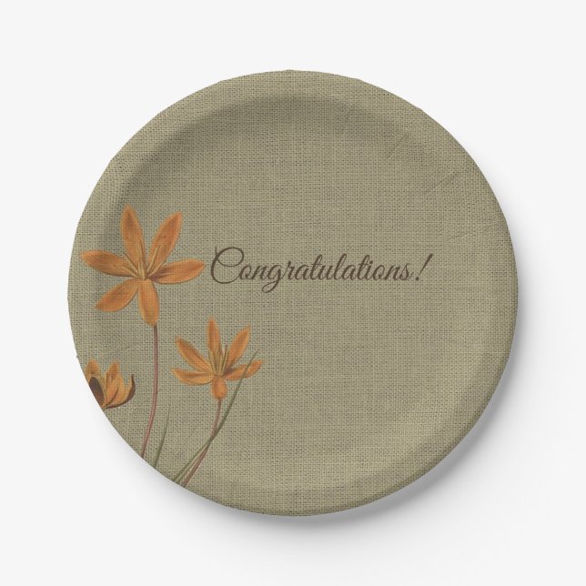 Vintage Orange Flower on Burlap Paper Plates (Front)