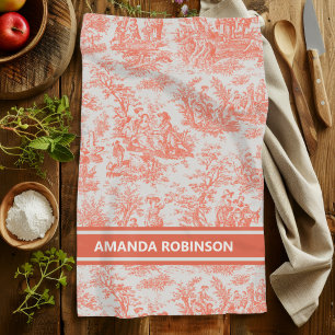 Vintage Orange French Country Toile de Jouy Kitchen Towel