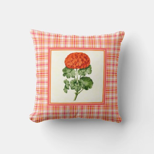 Vintage Orange Geranium with Plaid Pattern Border Throw Pillow