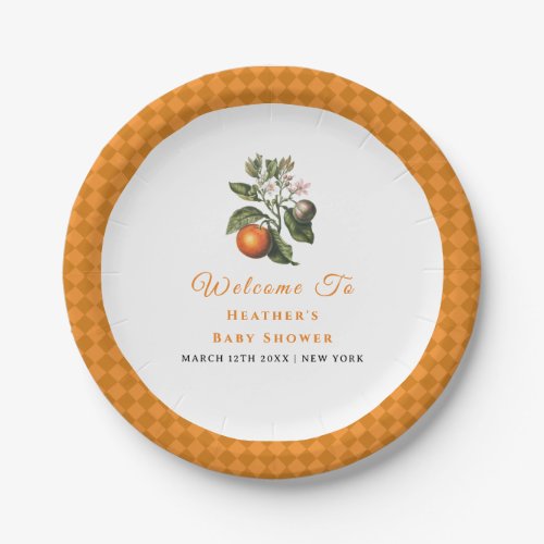 Vintage Orange Gingham Citrus Baby Shower Paper Plates