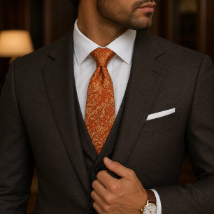 Vintage Orange & Gold Baroque Floral Neck Tie