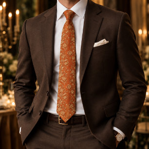Vintage Orange & Gold Baroque Floral Neck Tie