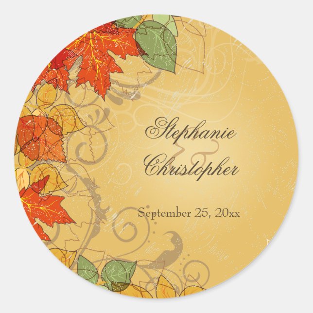 Vintage orange gold fall leaves wedding stickers (Front)