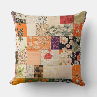 Vintage Orange Kimono Patchwork  Throw Pillow