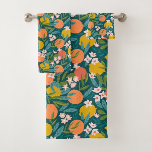 Vintage Orange  Lemon Blossom Pattern Bath Towel Set