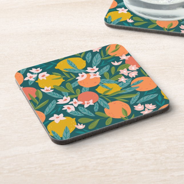 Vintage Orange & Lemon Blossom Pattern Beverage Coaster (Left Side)