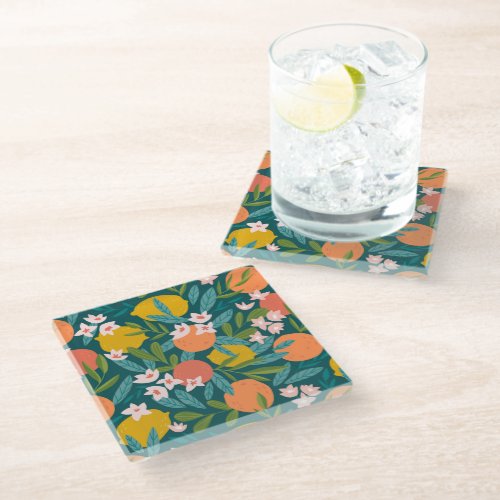 Vintage Orange  Lemon Blossom Pattern Glass Coaster