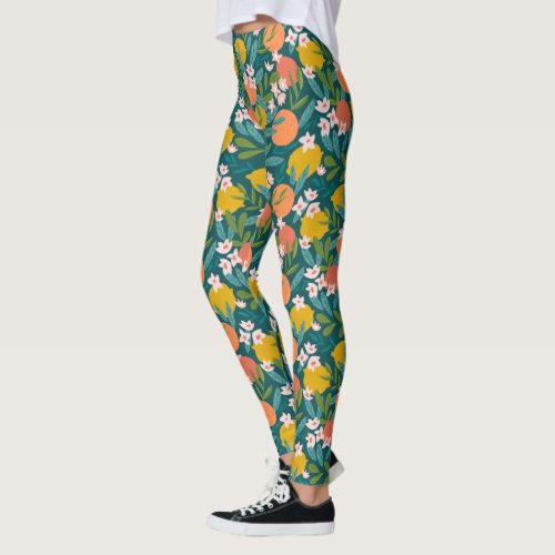 Vintage Orange  Lemon Blossom Pattern Leggings