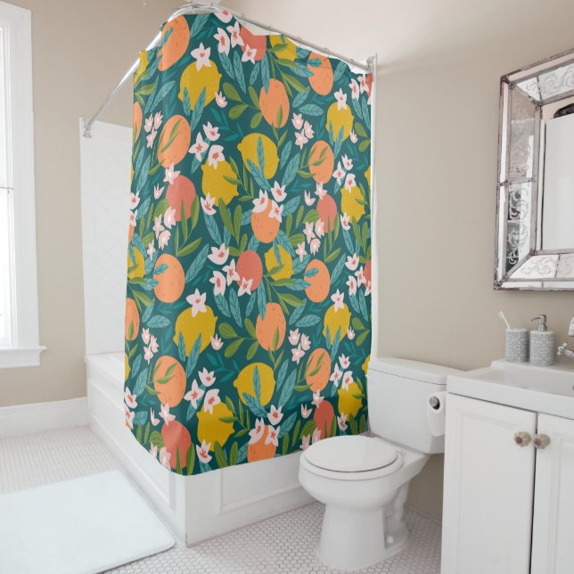Vintage Orange & Lemon Blossom Pattern Shower Curtain (In Situ)