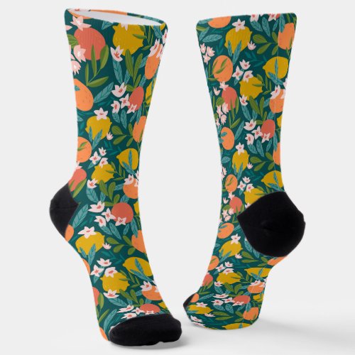 Vintage Orange  Lemon Blossom Pattern Socks