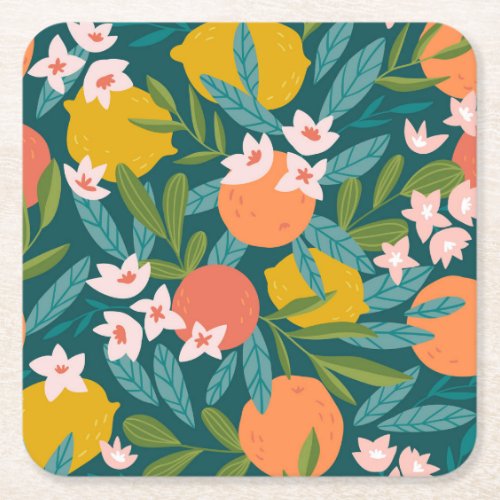 Vintage Orange  Lemon Blossom Pattern Square Paper Coaster