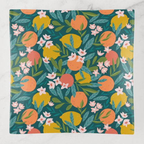 Vintage Orange  Lemon Blossom Pattern Trinket Tray