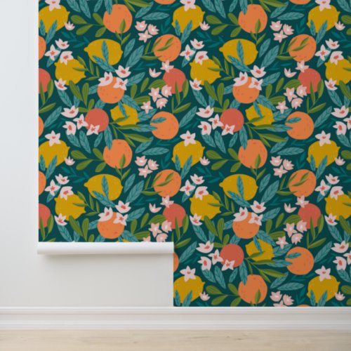 Vintage Orange  Lemon Blossom Pattern Wallpaper