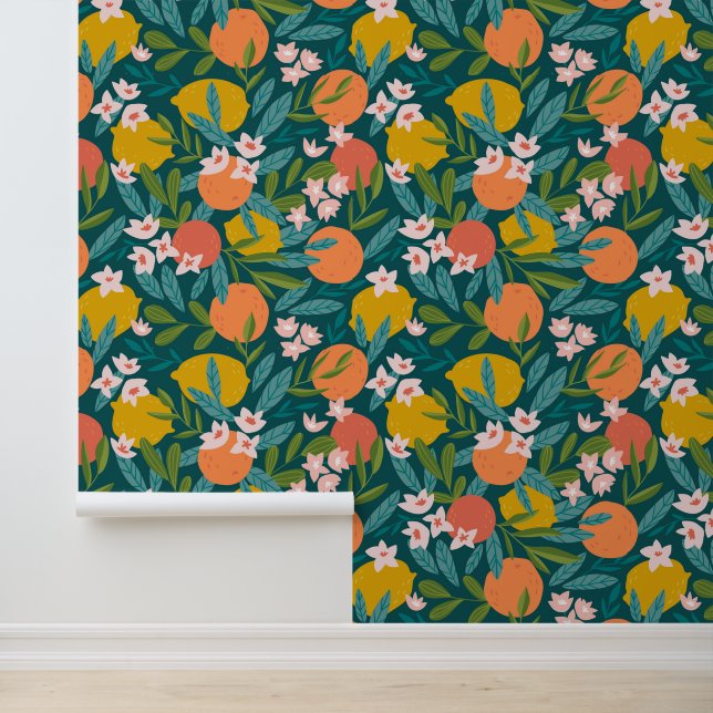 Vintage Orange & Lemon Blossom Pattern Wallpaper (Application)