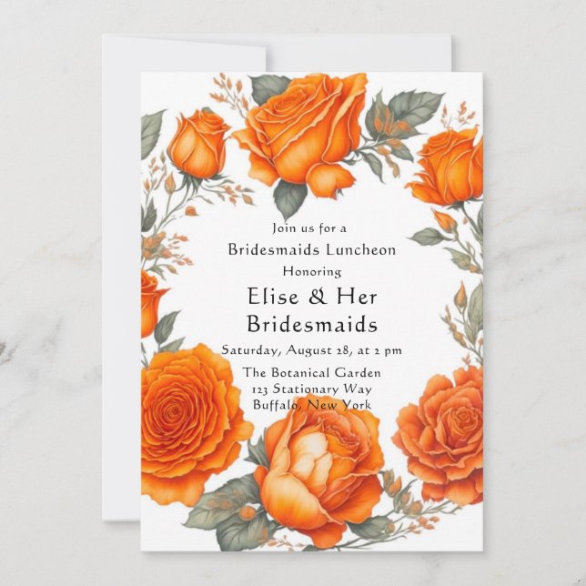 Vintage Orange Peonies Bridesmaids Luncheon Invitation (Front)