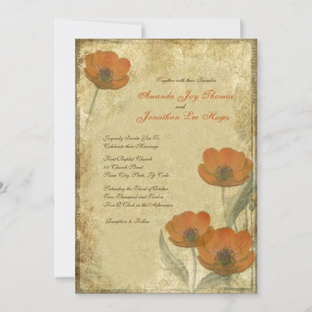 Vintage Orange Poppies Wedding Invitations (Front)