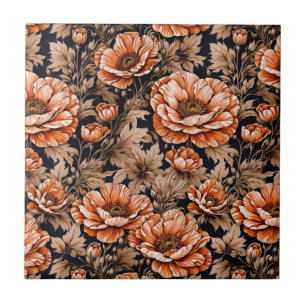 Vintage Orange Poppy Floral Black Ceramic Tile