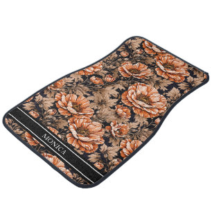Vintage Orange Poppy Floral Script Name Black Car Floor Mat