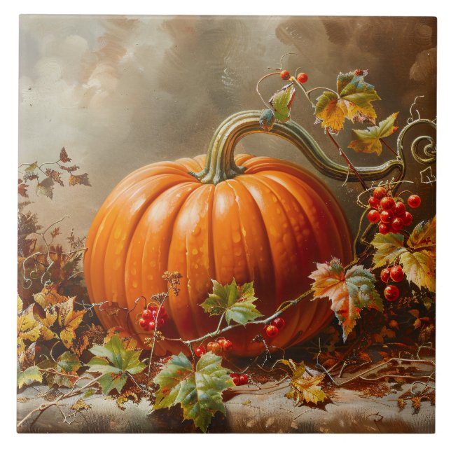 Vintage Orange Pumpkin Painting Ceramic Tile (Front)