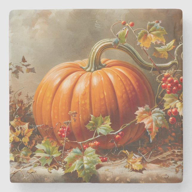 Vintage Orange Pumpkin Painting Stone Coaster (Front)