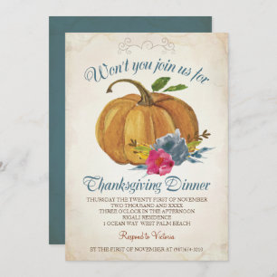 Vintage Orange Pumpkin Thanksgiving Dinner Invitation