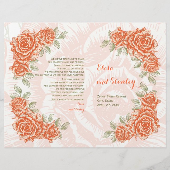Vintage orange roses wedding folded program (Front)