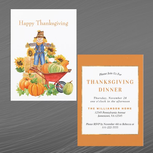 Vintage Orange Scarecrow Sunflower Thanksgiving Invitation