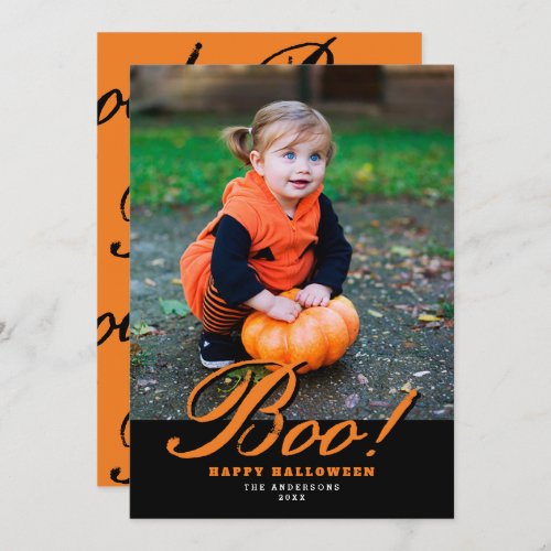 Vintage Orange Script Boo Halloween Photo Holiday Card