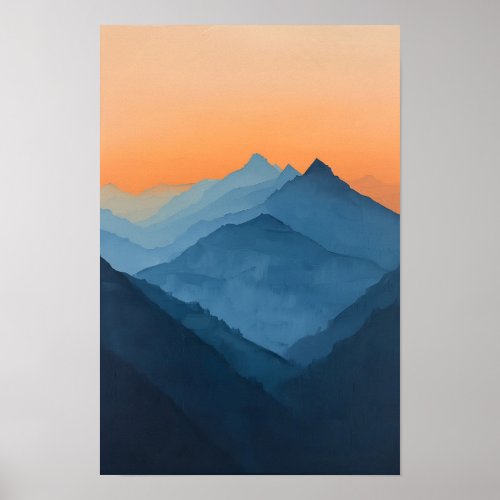 Vintage Orange Sky Mountain Landscape Painting Poster