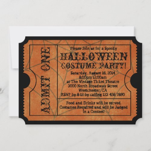 Vintage Orange Spider Web Halloween Party Ticket Invitation