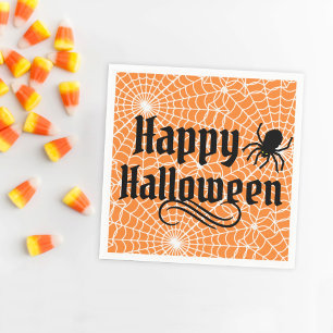 Vintage Orange Spiderweb Happy Halloween Spider Napkins