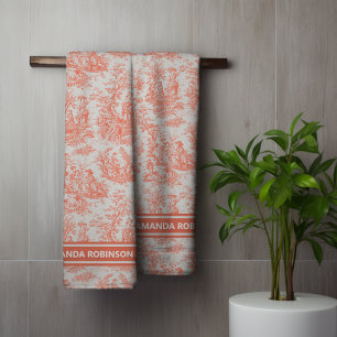 Vintage orange toile de jouy printed bath towel set