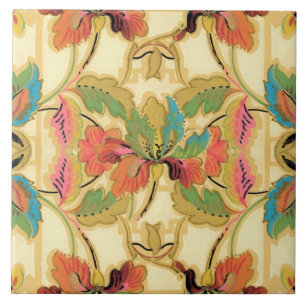 Vintage Orange Turquoise Floral Wallpaper Pattern Ceramic Tile