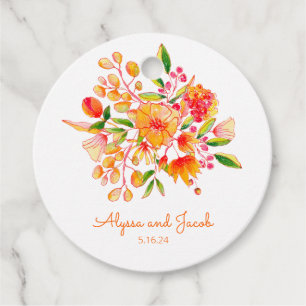 Vintage Orange Watercolor Flowers Custom Wedding Favor Tags