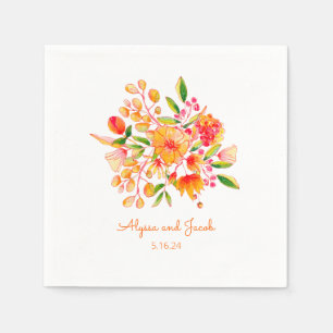 Vintage Orange Watercolor Flowers Custom Wedding Napkins