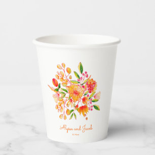 Vintage Orange Watercolor Flowers Custom Wedding Paper Cups