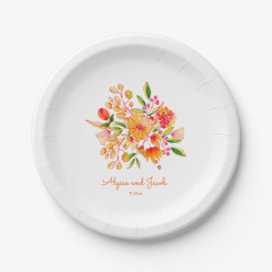Vintage Orange Watercolor Flowers Custom Wedding Paper Plates
