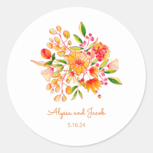 Vintage Orange Watercolor Flowers Personalized Classic Round Sticker