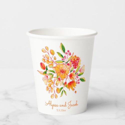 Vintage Orange Watercolor Flowers Personalized   Paper Cups