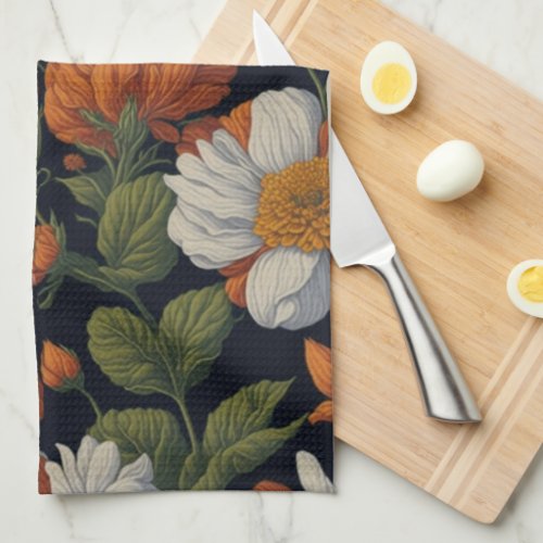 Vintage Orange white elegant retro flowers Kitchen Towel