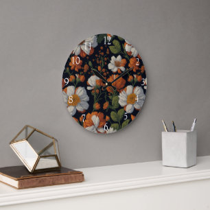 Vintage Orange white elegant retro flowers Large Clock
