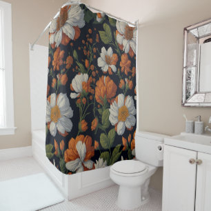 Vintage Orange white elegant retro flowers Shower Curtain