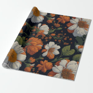 Vintage Orange white elegant retro flowers Wrapping Paper